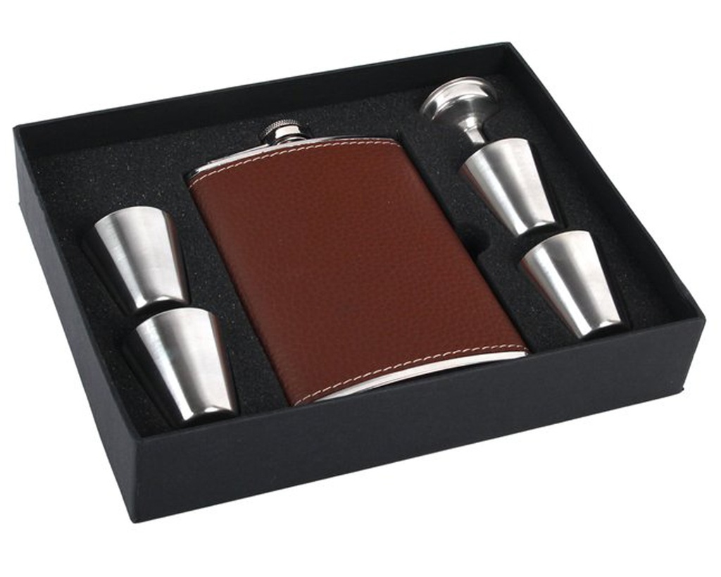 Hip Flask Set Leather Brown 8oz