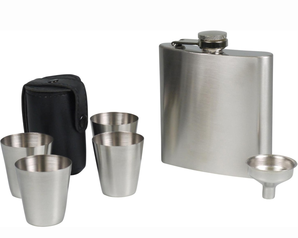 Hip Flask Chrome Satin + 2 Cups & Funnel - 6oz