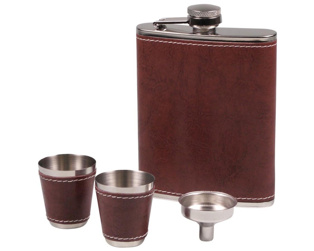 Hip Flask Set Chrome Leather Brown 7oz