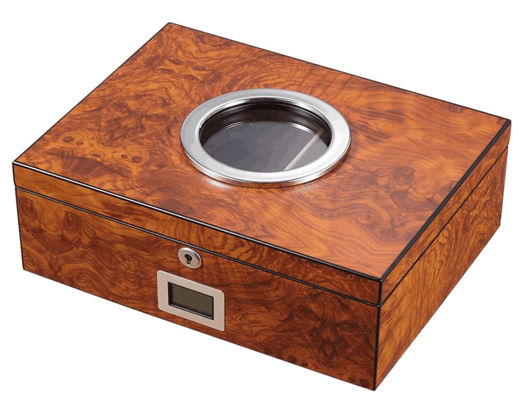 Humidor Burl Fineer Mat Rond Glas - 50 Sigaren