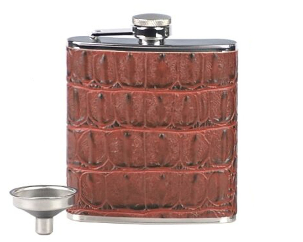 Hip Flask Lubinski Croco Brown with Funnel 6oz