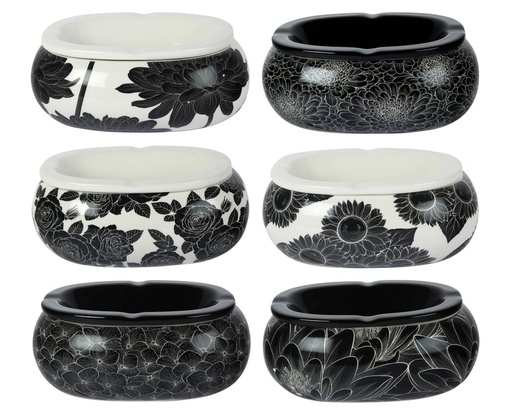[23117] Ashtray Ceramic Oval Black White Flowers 19cm