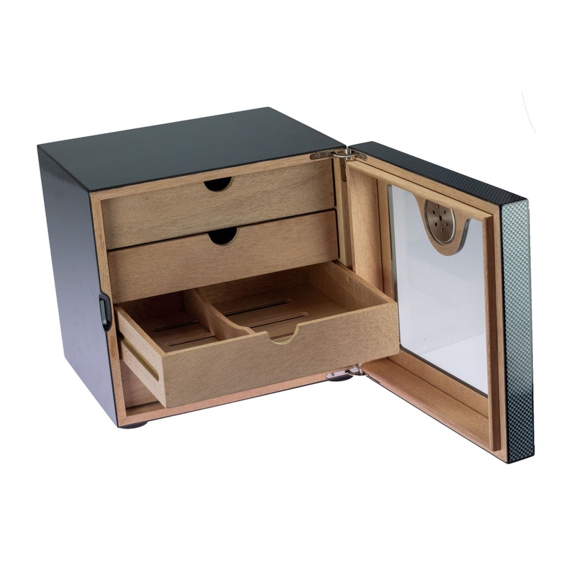 [29205] Humidor Carbon Brillant 80 Cigares 4 Tiroirs